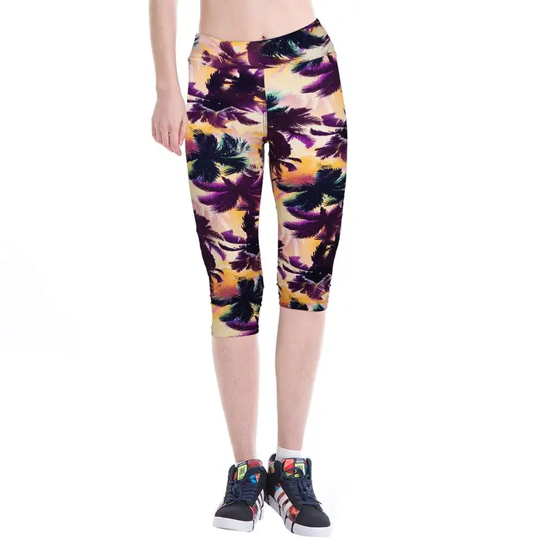 High-Waisted Yoga Leggings – Breathable 3/4 Length Workout Pants with Sporty Print