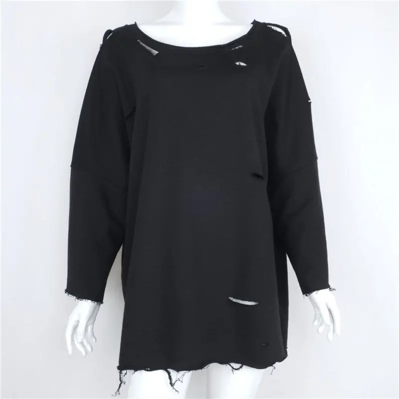 Hole Style Women's Sweatshirts Harajuku Cotton Solid Outerwears Women Loose Hoodies Sweat Tops M0651 1