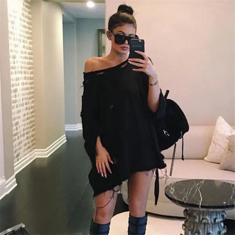Hole Style Women's Sweatshirts Harajuku Cotton Solid Outerwears Women Loose Hoodies Sweat Tops M0651 4