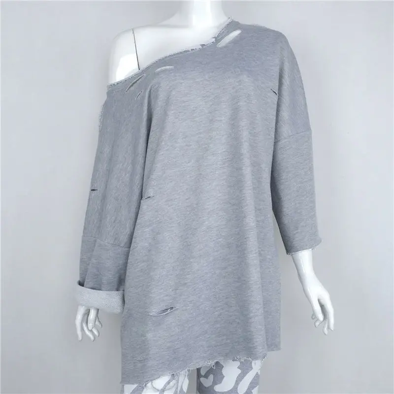 Hole Style Women's Sweatshirts Harajuku Cotton Solid Outerwears Women Loose Hoodies Sweat Tops M0651 5