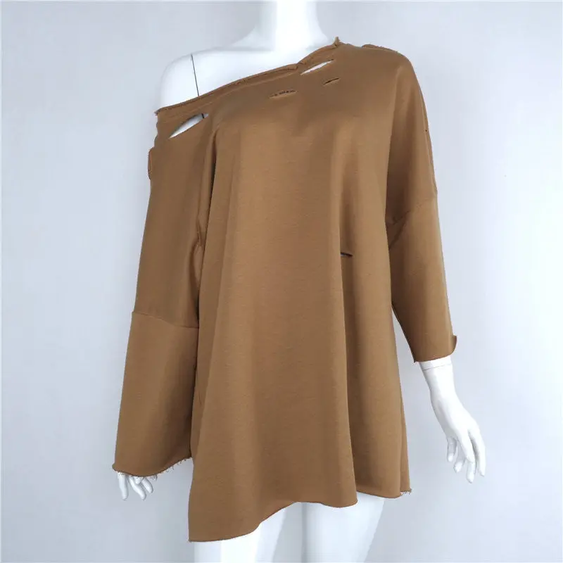 Hole Style Women's Sweatshirts Harajuku Cotton Solid Outerwears Women Loose Hoodies Sweat Tops M0651 9