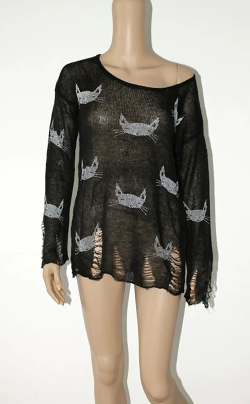 Hole Sweater Wildfox Series Of Cat Head Cat Pattern Sweater Ladies Loose Knitted Sweater Jumper Tops 1