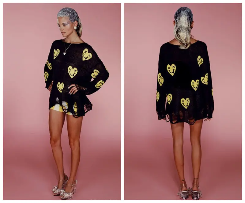 Hole Sweater Wildfox Series Of Heart Smile Hole Pattern Sweater Ladies Loose Tops 2