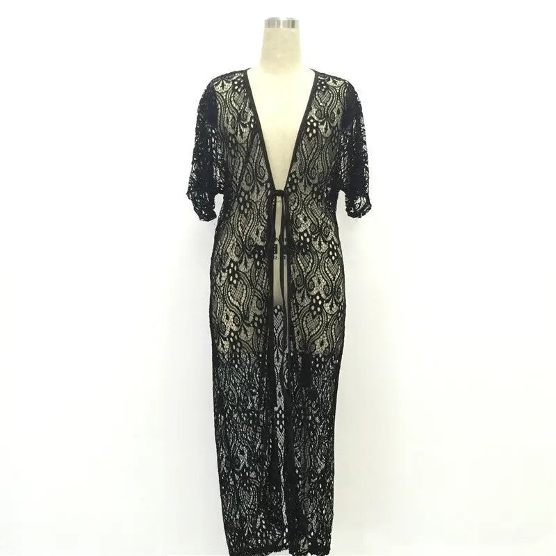Hollow Cardigan Beach Long Dress Black Lace Maxi Dress Women Short Sleeve Sun Shirt Dress Sexy Floral Dresses 1