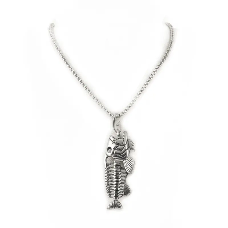 Hollow Fish Bone Punk Style Pendant Necklaces Jewelry Unique Fish Bone Pendant 316L Stainless Steel Personality 1