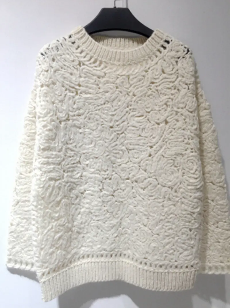 Hollow Out 3D Flower Pullovers Crochet Knitted Sweater White Color Woolen Loose Thick Warm Jumper Oversize Knitwear 1