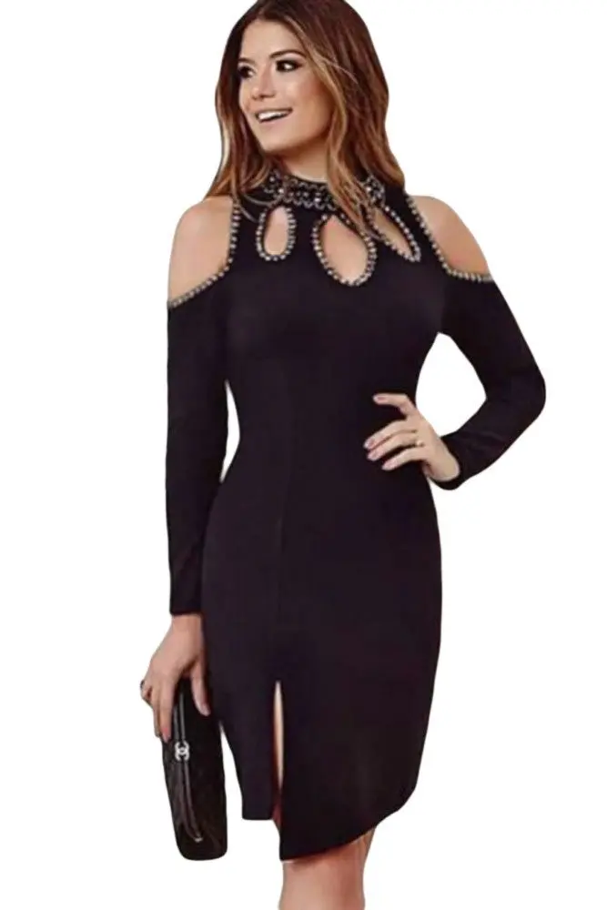 Hollow Out Cold Shoulder Dress Pencil Long Sleeve Midi Dress Black Evening Short Party Dresses 1