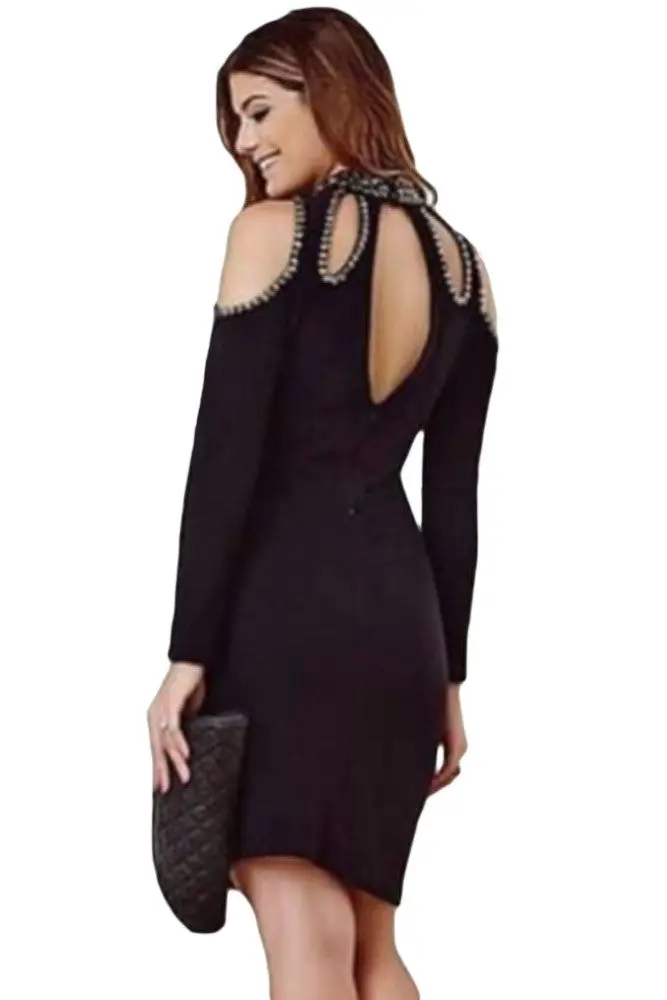 Hollow Out Cold Shoulder Dress Pencil Long Sleeve Midi Dress Black Evening Short Party Dresses 4