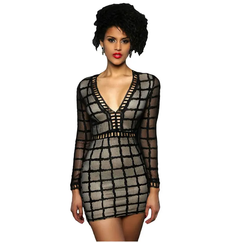 Hollow Out Design Deep V Neck Long Sleeve Dress Bodycon Black Lace Sexy Dress Party Night Club Wear Mini Dress 4