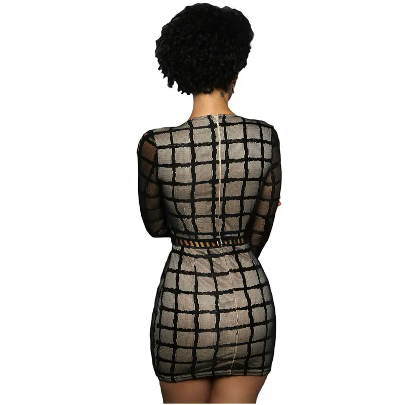 Hollow Out Design Deep V Neck Long Sleeve Dress Bodycon Black Lace Sexy Dress Party Night Club Wear Mini Dress 4