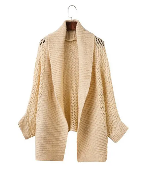 Hollow Out Hold Knitted Bat Sleeve Cardigan Sweater Women Lapel Collar Loose Sweater Coat Jumper Tops Femme Knitwear 1