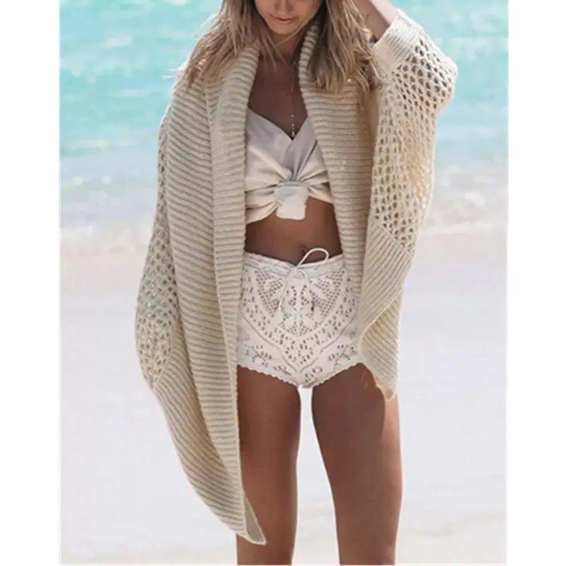 Hollow Out Hold Knitted Bat Sleeve Cardigan Sweater Women Lapel Collar Loose Sweater Coat Jumper Tops Femme Knitwear 2