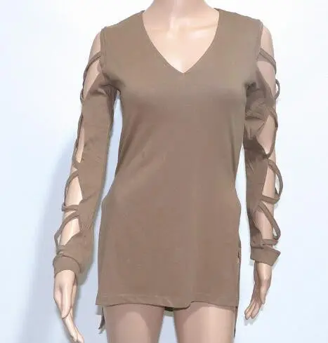 Hollow-Out Irregular Side-Slit Tee – V-Neck Long Sleeve Casual Top for Women