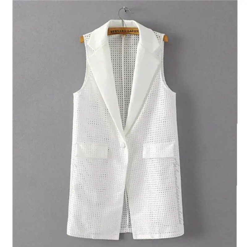 Hollow Out Lace Notched Collar Mid Long Vest Women Embroidery Letter Pockets Slim Sleeveless Suit Gilet Waistcoat Tops 4