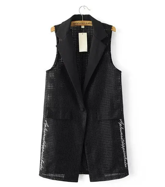Hollow Out Lace Notched Collar Mid Long Vest Women Embroidery Letter Pockets Slim Sleeveless Suit Gilet Waistcoat Tops 5