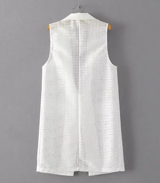 Hollow Out Lace Notched Collar Mid Long Vest Women Embroidery Letter Pockets Slim Sleeveless Suit Gilet Waistcoat Tops 6