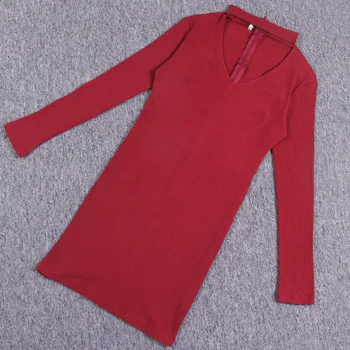 Hollow-Out Long Sleeve Bodycon Mini Dress – V-Neck Package-Hip Clubwear Vestido