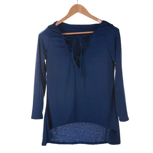 Hooded V-Neck Long-Sleeve Casual Top – Asymmetrical Hem T-Shirt for Women