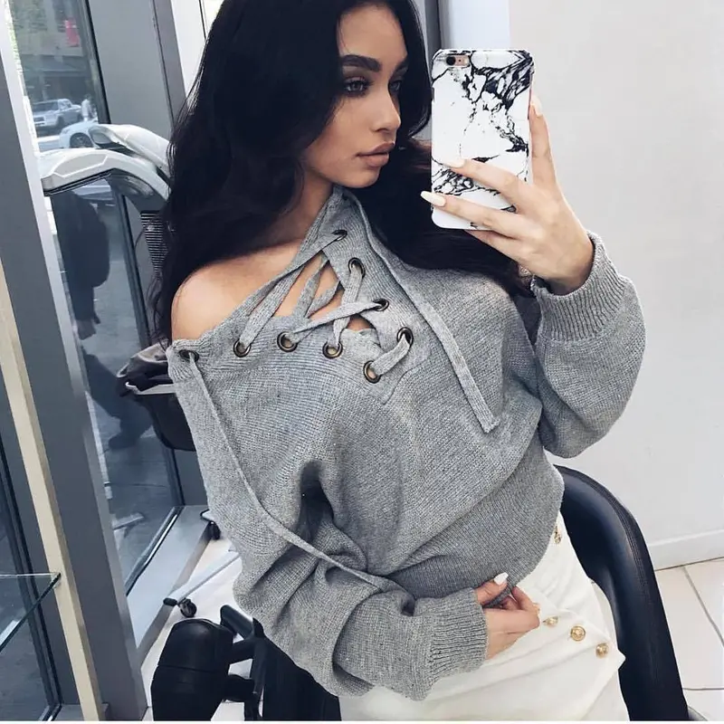 Hoodies Tops Sexy Ladies Long Sleeve O Neck Lace Up Sweatshirts Plus Size Solid Bandage Jumper Pullpvers Lx046 5