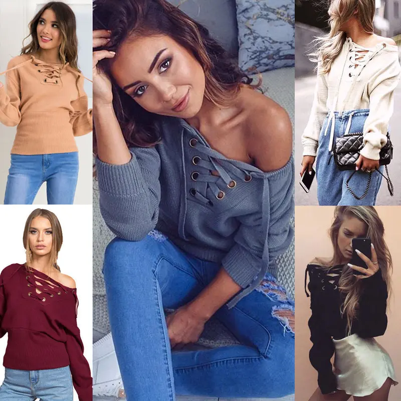 Hoodies Tops Sexy Ladies Long Sleeve O Neck Lace Up Sweatshirts Plus Size Solid Bandage Jumper Pullpvers Lx046 5