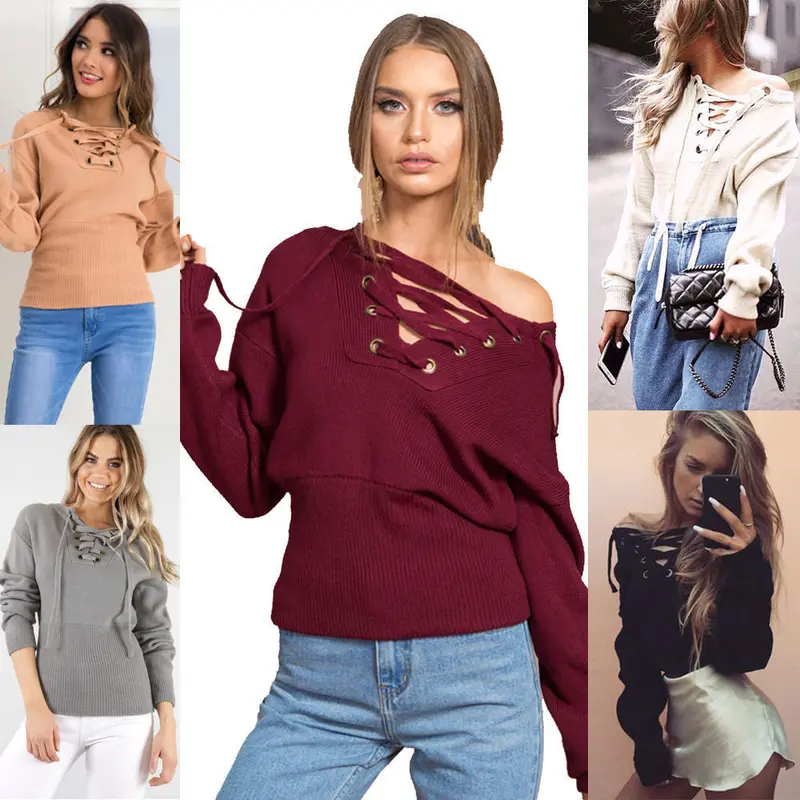 Hoodies Tops Sexy Ladies Long Sleeve O Neck Lace Up Sweatshirts Plus Size Solid Bandage Jumper Pullpvers Lx046 6