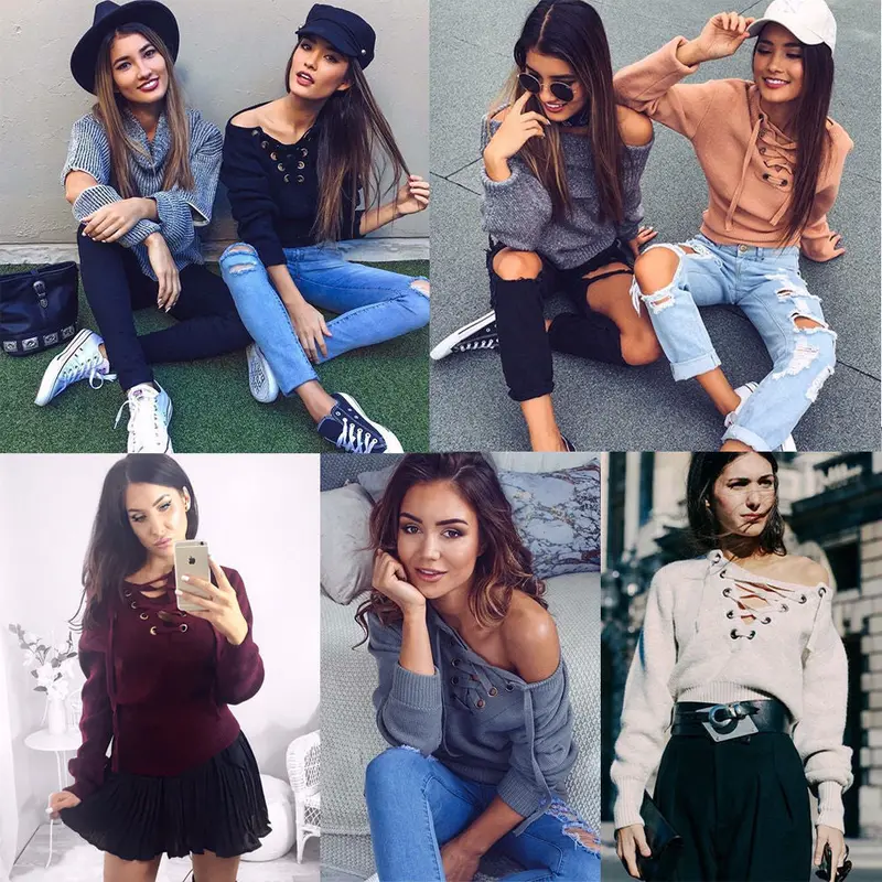 Hoodies Tops Sexy Ladies Long Sleeve O Neck Lace Up Sweatshirts Plus Size Solid Bandage Jumper Pullpvers Lx046 7