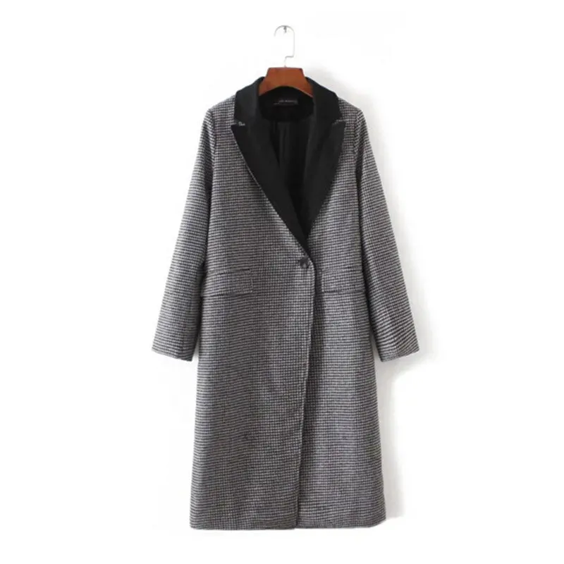 Houndstoo Plaid Wool Blend Trench Women Spliced Black Lapel Long Sleeve One Button Long Windbreaker Coat Outerwear 1