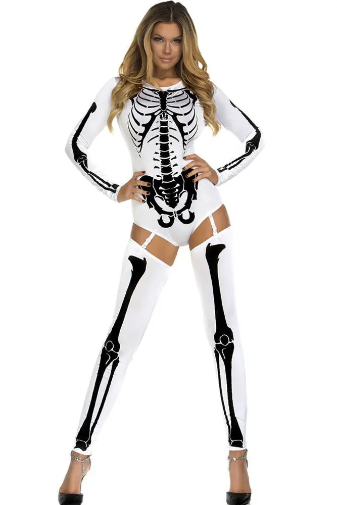 Hu Skeleton Skull Print Carnival Sexy Halloween Costumes For Party Adult Scary Long Sleeve Bodycon Jumpsuit 1