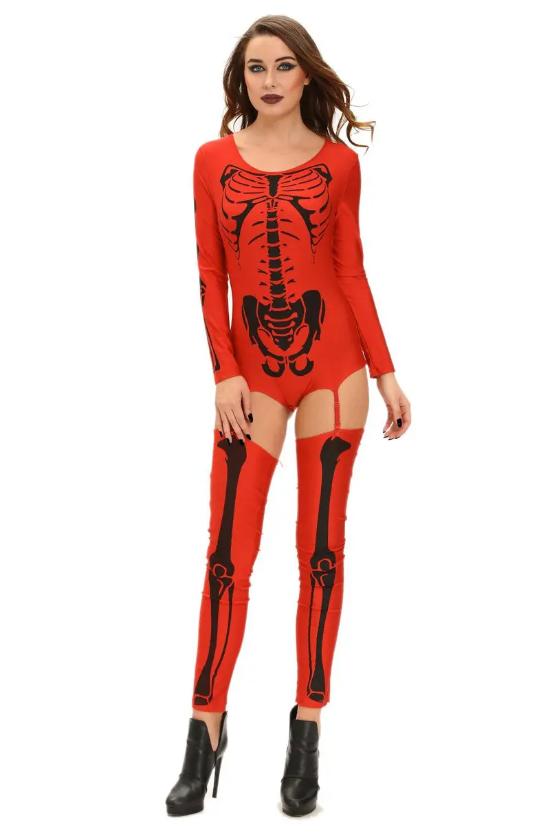 Hu Skeleton Skull Print Carnival Sexy Halloween Costumes For Party Adult Scary Long Sleeve Bodycon Jumpsuit 2