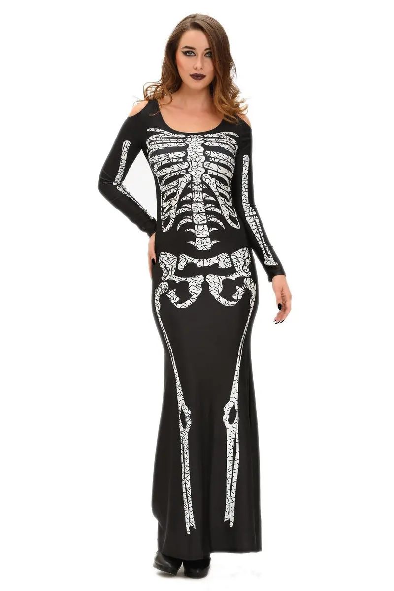 Hu Skeleton Skull Print Dress Off Shoulder Halloween Costumes For Pleated Long Sleeve Bodycon Dress 1