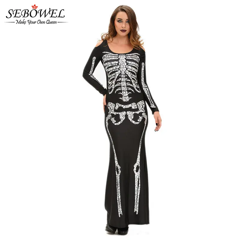 Hu Skeleton Skull Print Dress Off Shoulder Halloween Costumes For Pleated Long Sleeve Bodycon Dress 2
