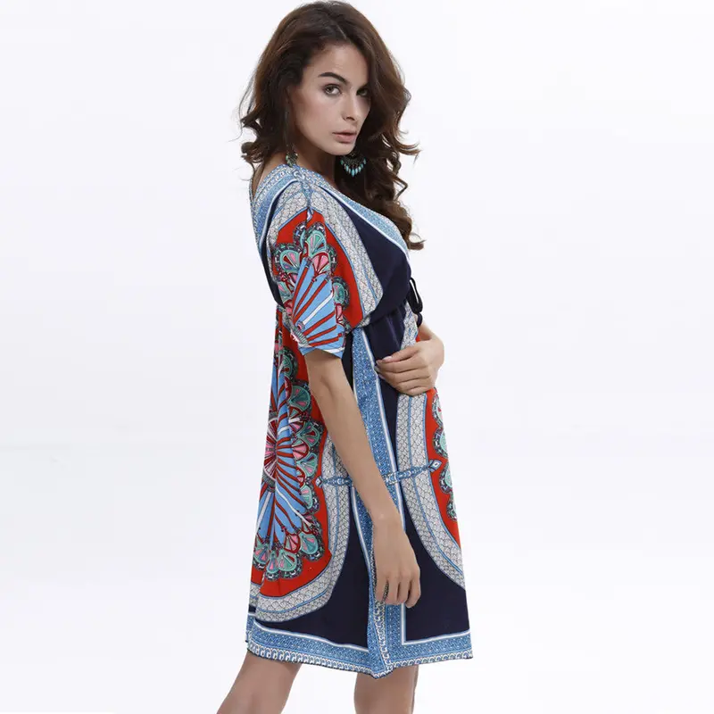 Imported Clothing Blue Dress Sexy V-Neck Vintage Tunic Beach Dress Women Dress Clothing For Women Feida 2