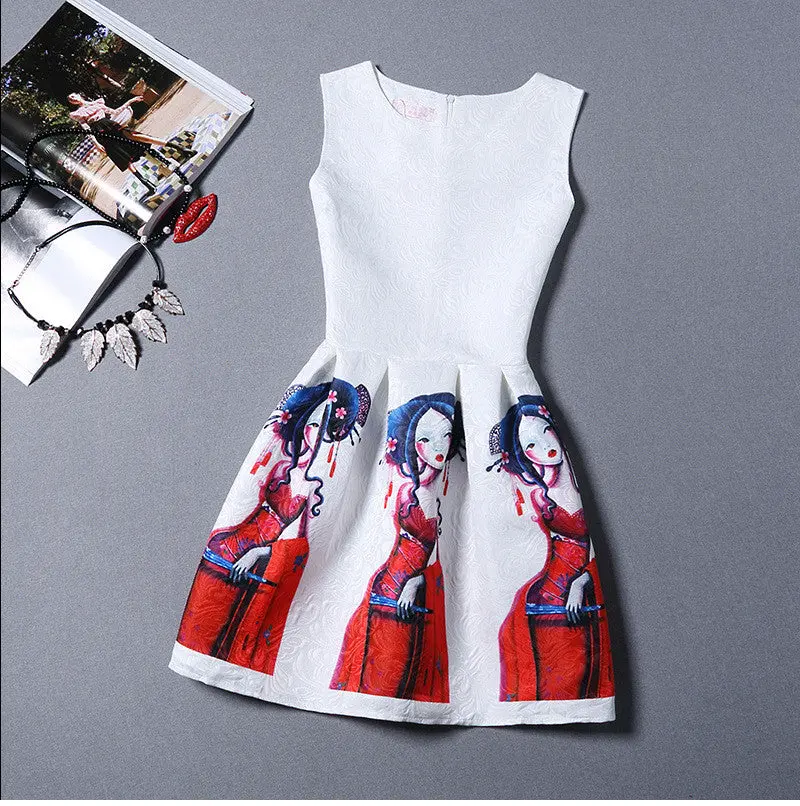 Inelastic Back Zipper Cute Casual Ladies Print Cartoon Dress Draped Short Mini Beach Dress 4