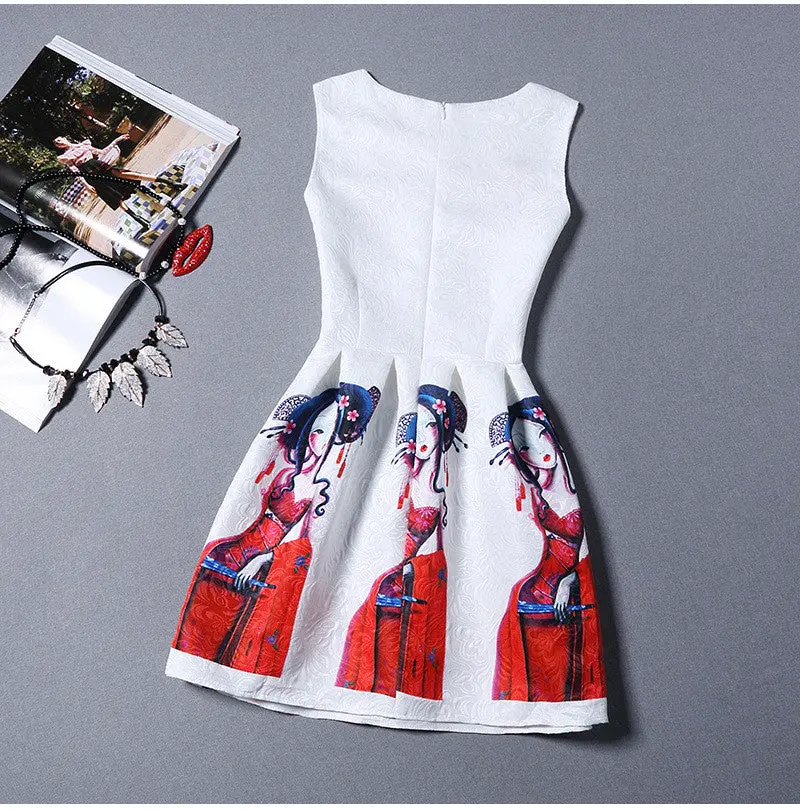 Inelastic Back Zipper Cute Casual Ladies Print Cartoon Dress Draped Short Mini Beach Dress 5