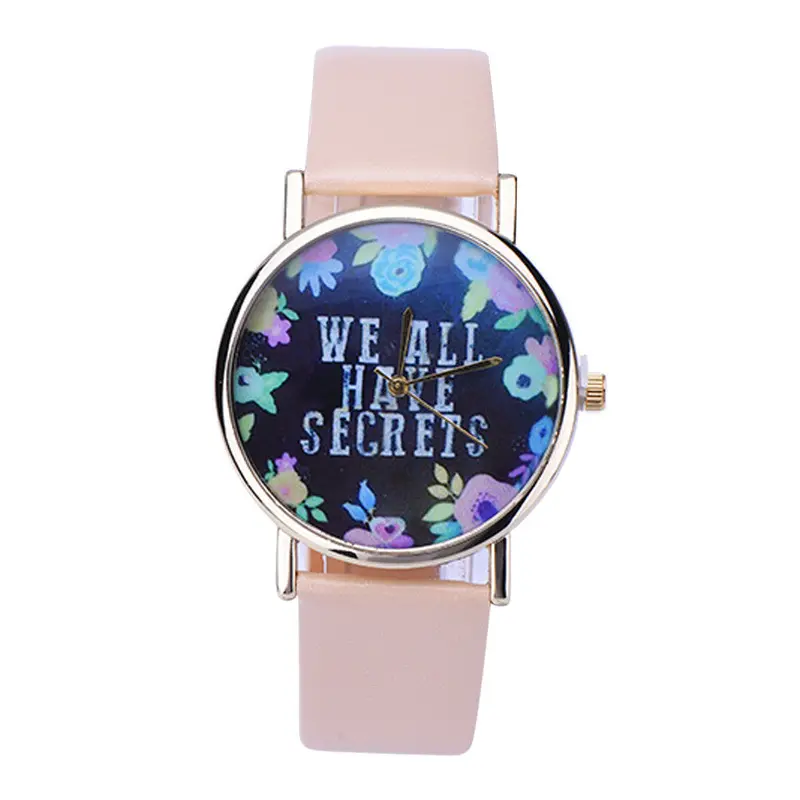 Ing Women Leisure Fashion Collocation Letters Leather Wrist Watch Flower Print Analog Quartz Watch Tables 1