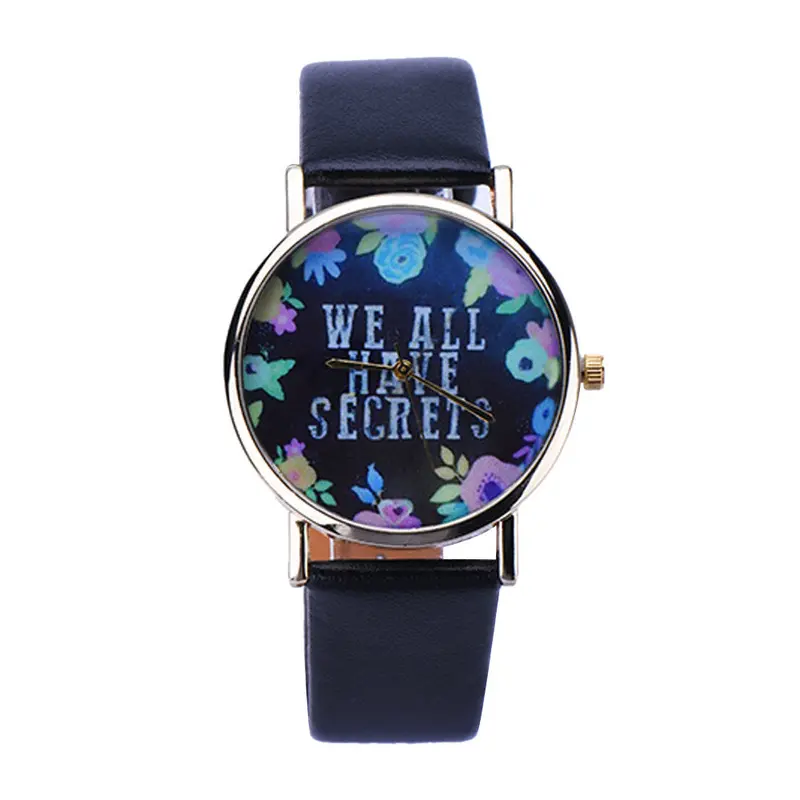 Ing Women Leisure Fashion Collocation Letters Leather Wrist Watch Flower Print Analog Quartz Watch Tables 2