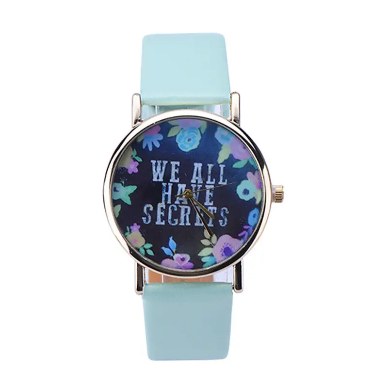 Ing Women Leisure Fashion Collocation Letters Leather Wrist Watch Flower Print Analog Quartz Watch Tables 3