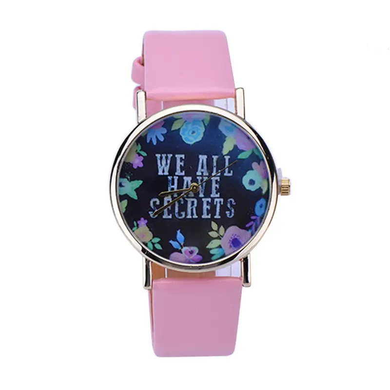 Ing Women Leisure Fashion Collocation Letters Leather Wrist Watch Flower Print Analog Quartz Watch Tables 4