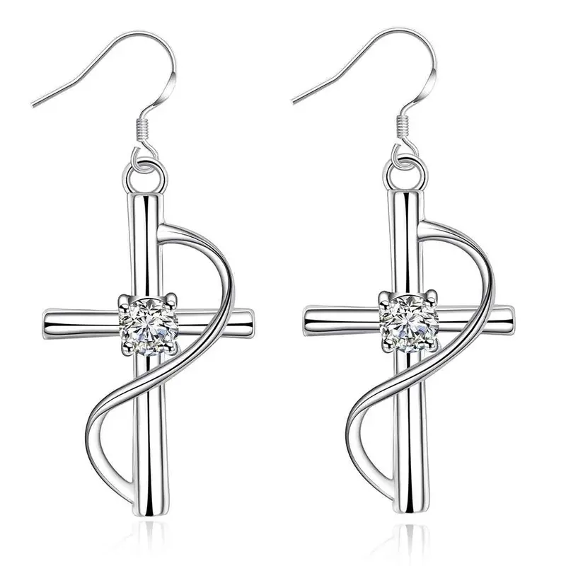 Inlaid Cross Drop Earings Silver Plated Jewelry Earrings Silver Plated Earrings 194 1