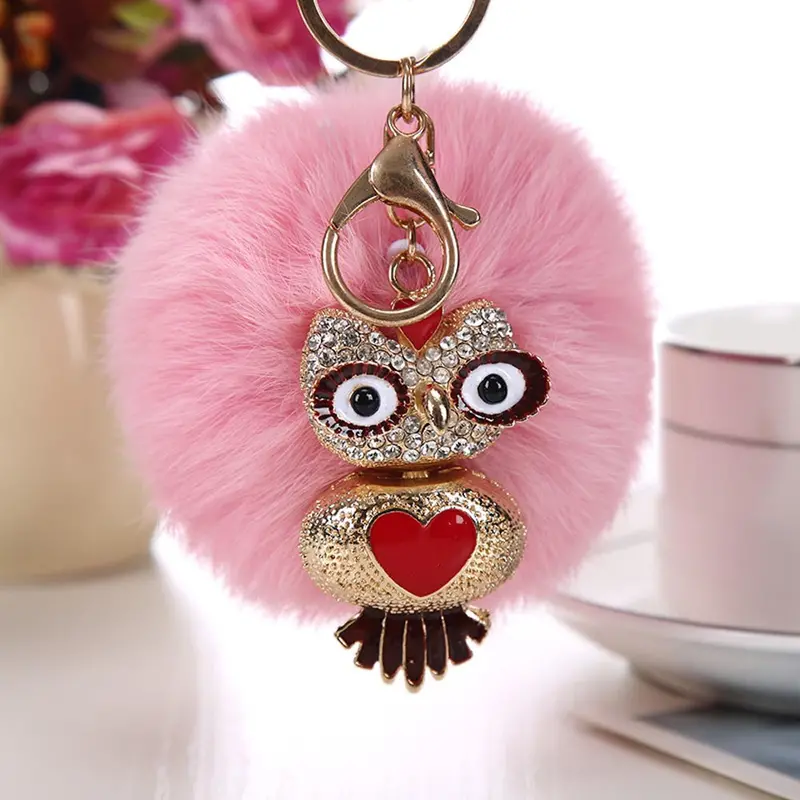 Interesting Things Key Woman Rabbit Fur Ball Fluffy Keychain Bag Plush Car Key Ring Car Owl Key Pendant Feida 3