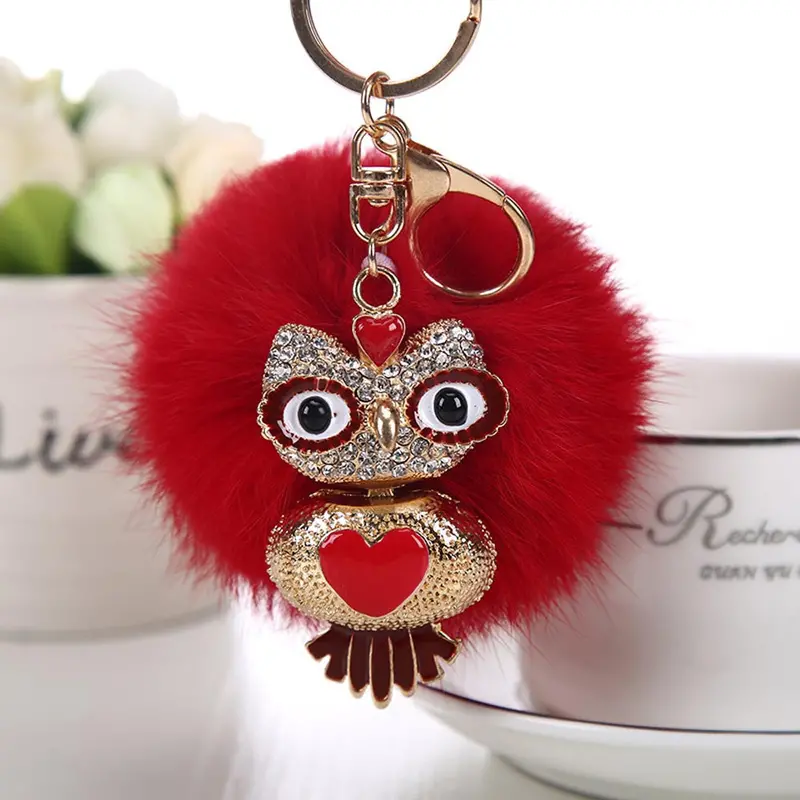 Interesting Things Key Woman Rabbit Fur Ball Fluffy Keychain Bag Plush Car Key Ring Car Owl Key Pendant Feida 4