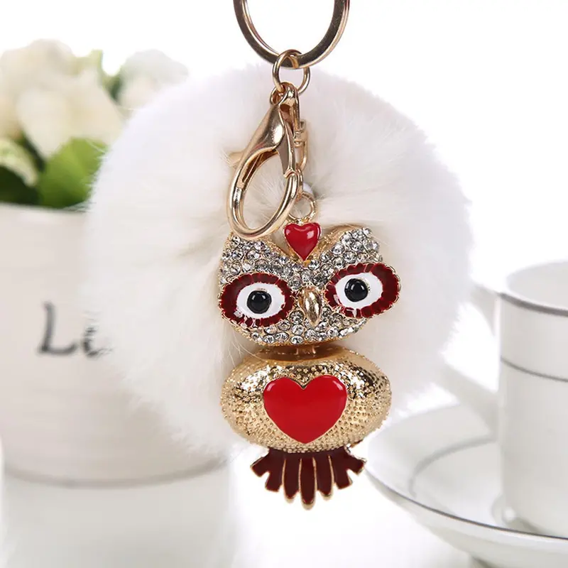Interesting Things Key Woman Rabbit Fur Ball Fluffy Keychain Bag Plush Car Key Ring Car Owl Key Pendant Feida 5