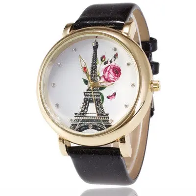 Iron Tower Pattern Leather Wristwatch Watch Women Ladies Casual Montre Watch Analog Quartz Vogue Watches 1