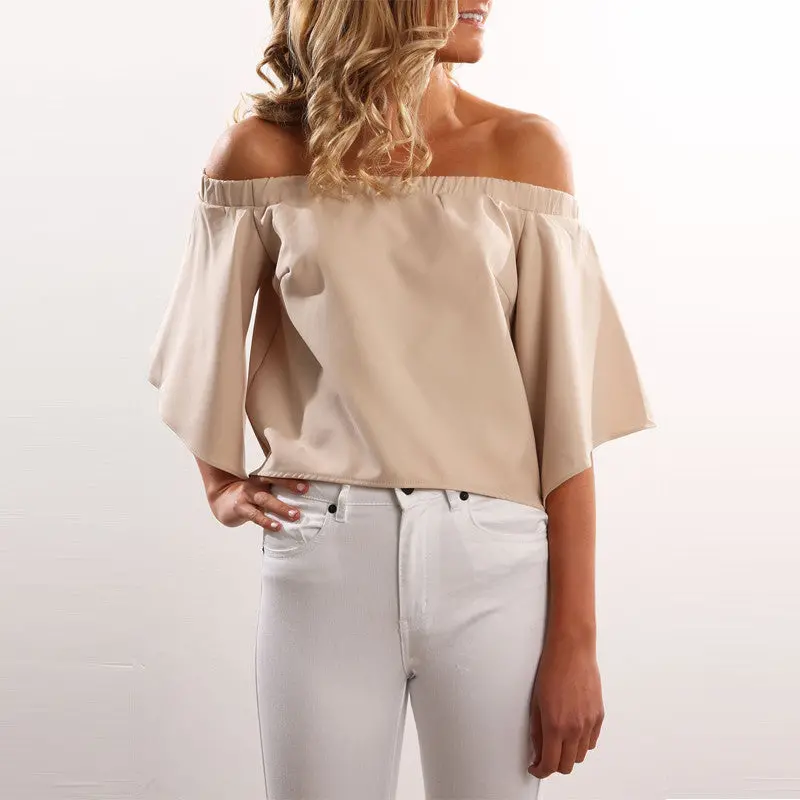 Irregular Chiffon Blouse – Slash Shoulder, Flare Sleeve Candy Color Top