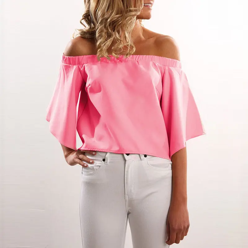 Irregular Chiffon Blouse – Slash Shoulder, Flare Sleeve Candy Color Top