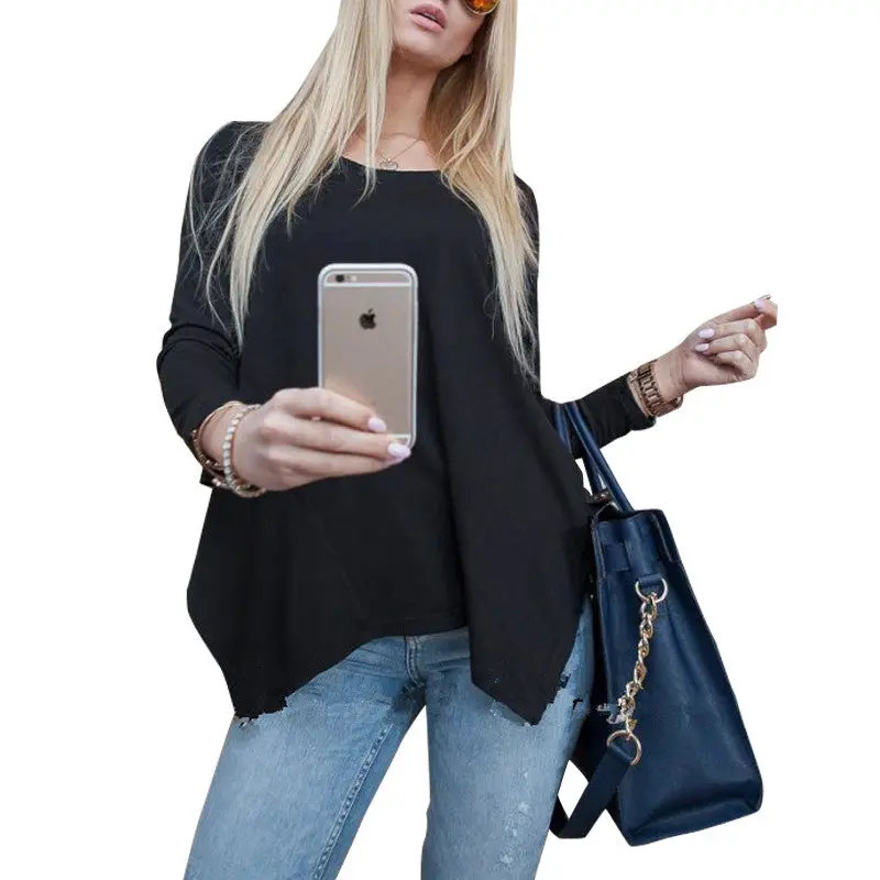 Irregular Hem Loose T Shirt Women Casual O Neck Women Top Tees Plus Size T Shirts For Women Gray Black 3