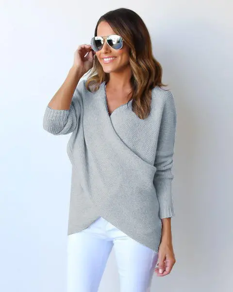 Irregular Knitting Sweater Women Knitted Sweaters V Neck Long Sleeve Cross Wrap Front Warm Pullover Gv394 1