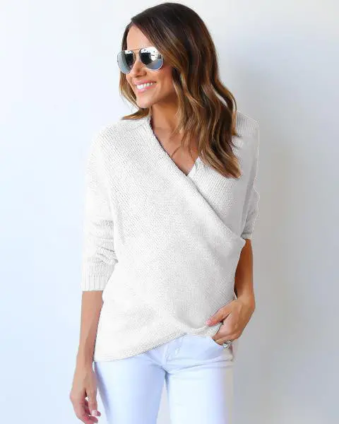 Irregular Knitting Sweater Women Knitted Sweaters V Neck Long Sleeve Cross Wrap Front Warm Pullover Gv394 2