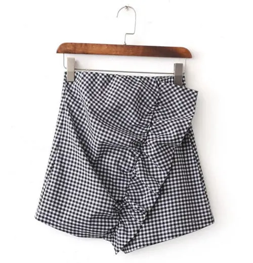 Irregular Ruffles On Front Plaid Skirt Woman Black White Contrast Color Back Zipper Mini Short Skirts Femme 1