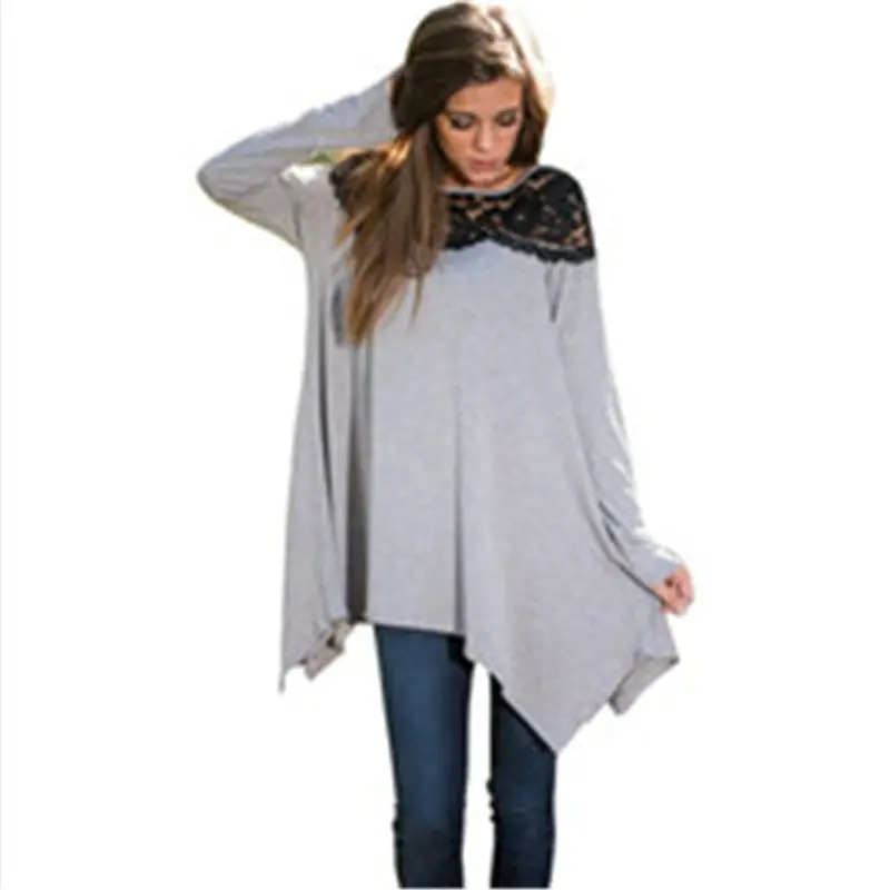 Irregular T Shirt Women Long Sleeve Lace Patchwork Women Long Tshirt O-Neck Elegant Kawaii Top Tees Plus Size Clothing 1